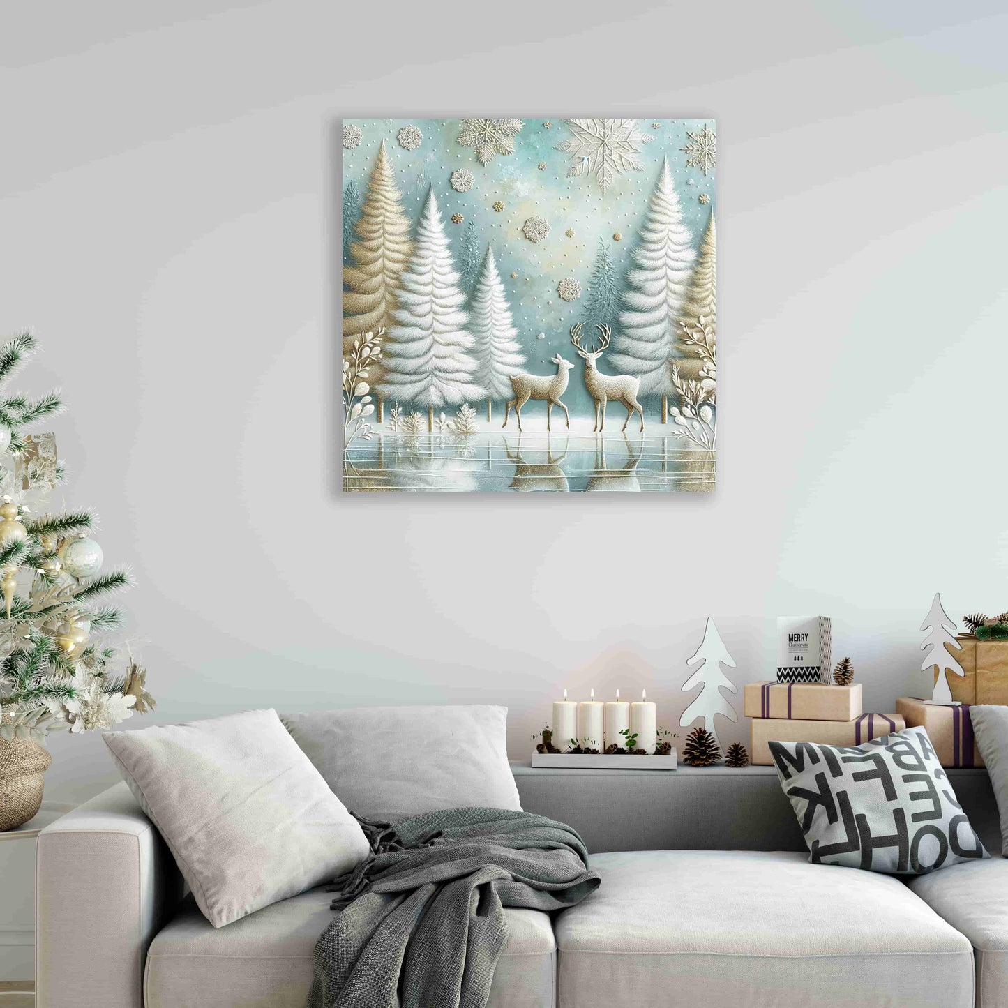 "Enchanted Winter Calm - Snowy Forest with Deer" Wrapped Canvas Wall Art Prints