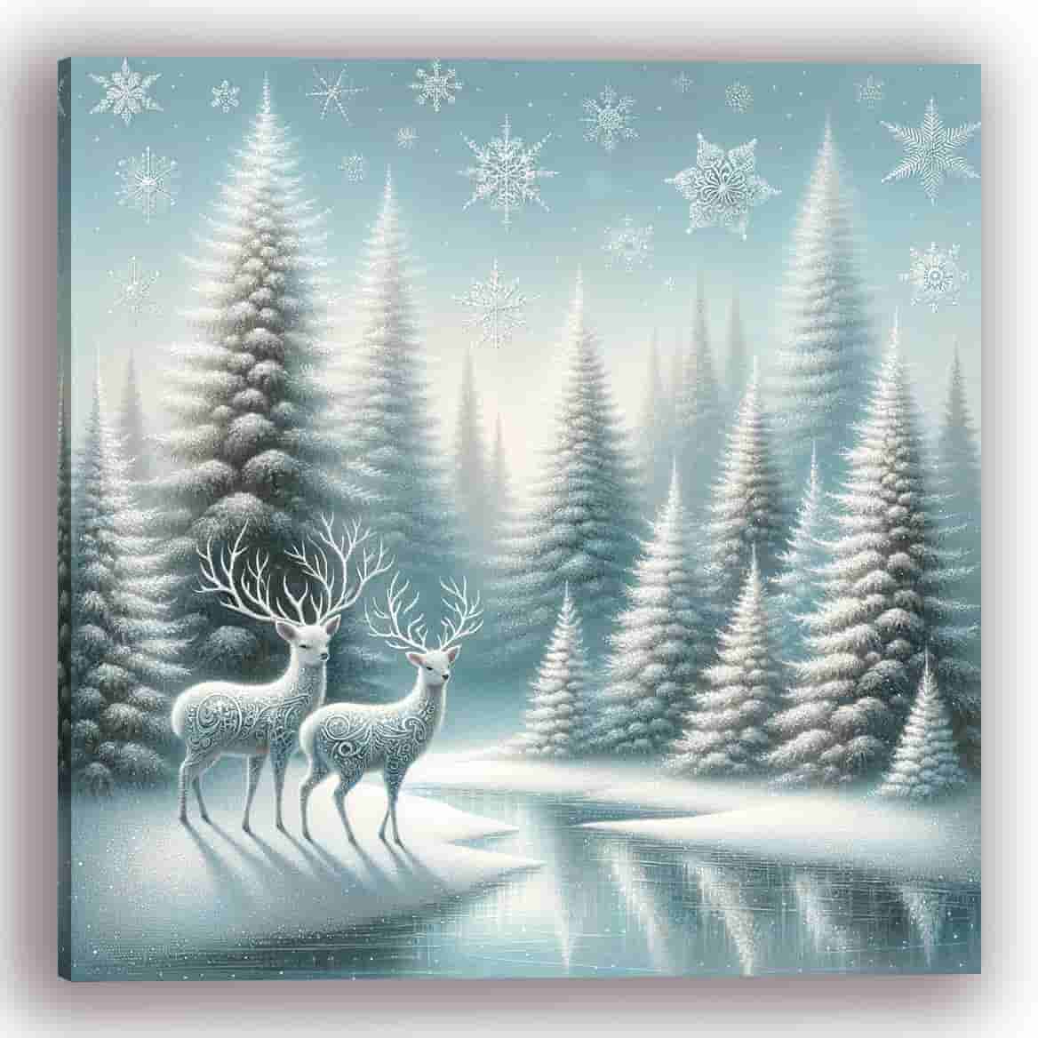 "Silent Forest Whispers - Mystical Deer in Winter Wonderland" Wrapped Canvas Wall Art Prints
