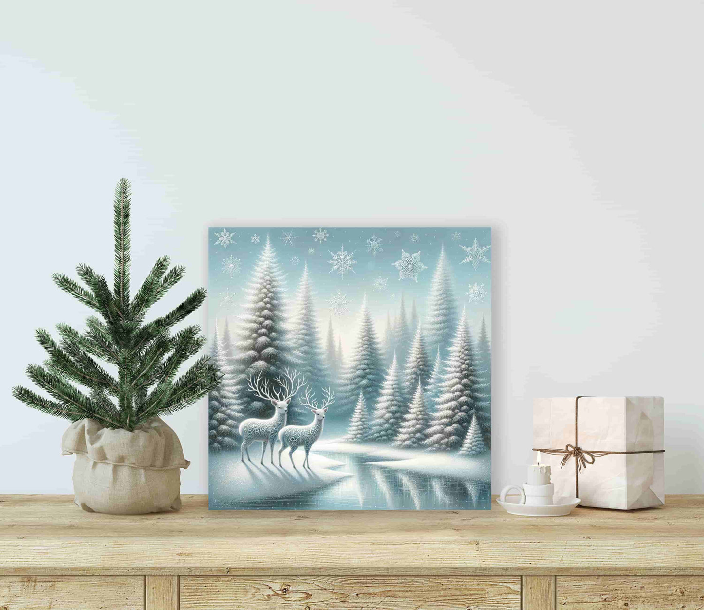 "Silent Forest Whispers - Mystical Deer in Winter Wonderland" Wrapped Canvas Wall Art Prints