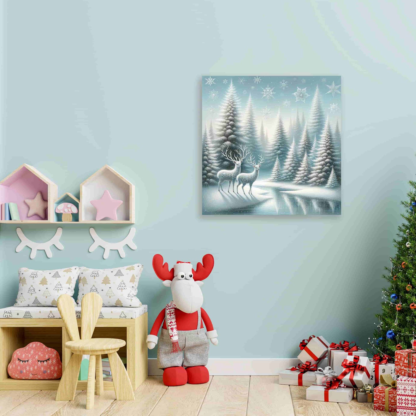 "Silent Forest Whispers - Mystical Deer in Winter Wonderland" Wrapped Canvas Wall Art Prints
