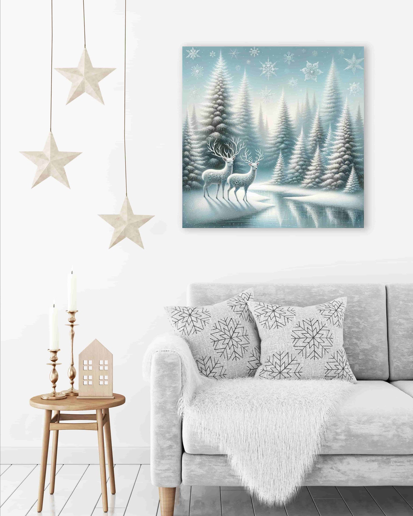 "Silent Forest Whispers - Mystical Deer in Winter Wonderland" Wrapped Canvas Wall Art Prints
