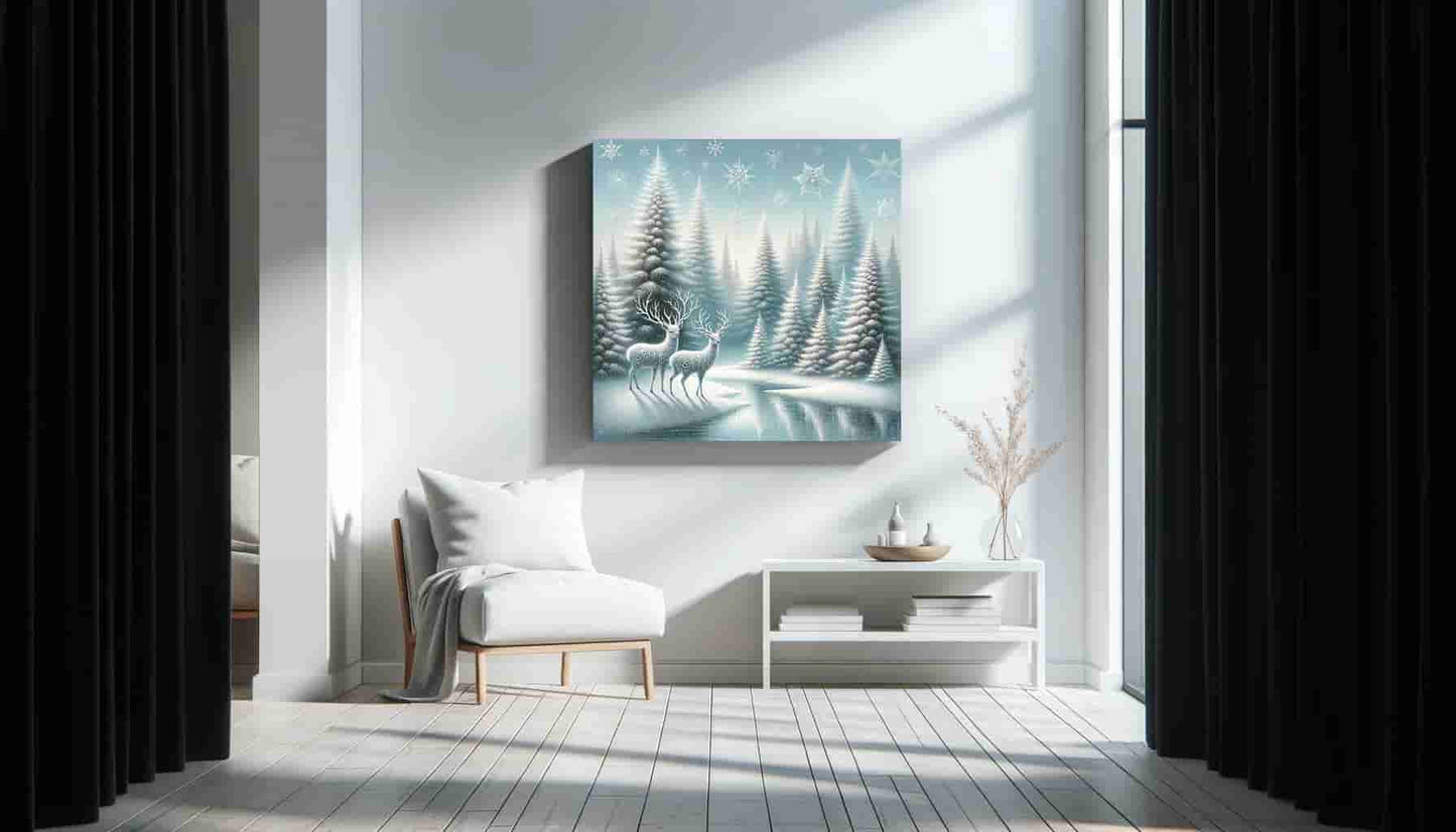 "Silent Forest Whispers - Mystical Deer in Winter Wonderland" Wrapped Canvas Wall Art Prints