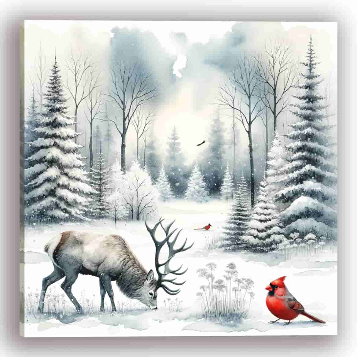"Tranquil Winter's Grace - Stag and Cardinal in Snowy Solitude" Wrapped Canvas wall Art Prints