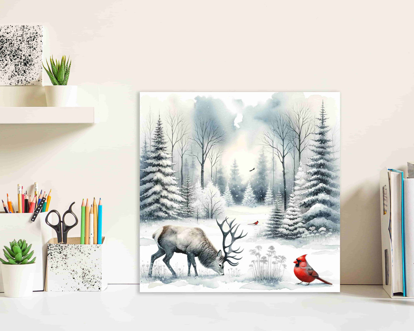 "Tranquil Winter's Grace - Stag and Cardinal in Snowy Solitude" Wrapped Canvas wall Art Prints