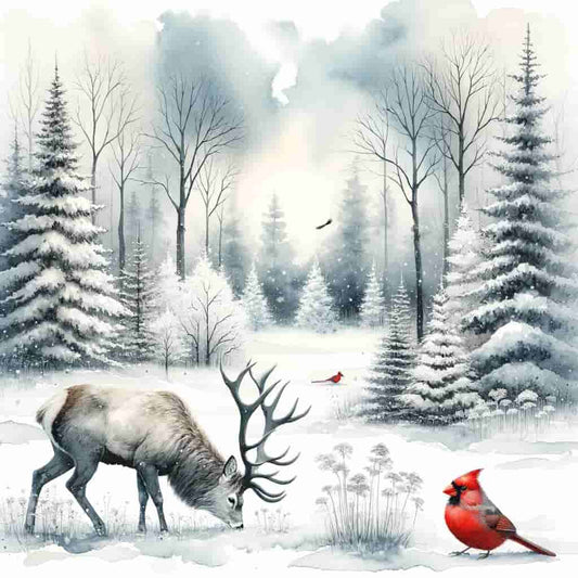 "Tranquil Winter's Grace - Stag and Cardinal in Snowy Solitude" Wrapped Canvas wall Art Prints