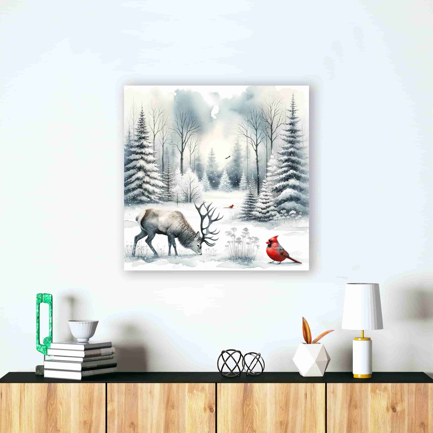 "Tranquil Winter's Grace - Stag and Cardinal in Snowy Solitude" Wrapped Canvas wall Art Prints