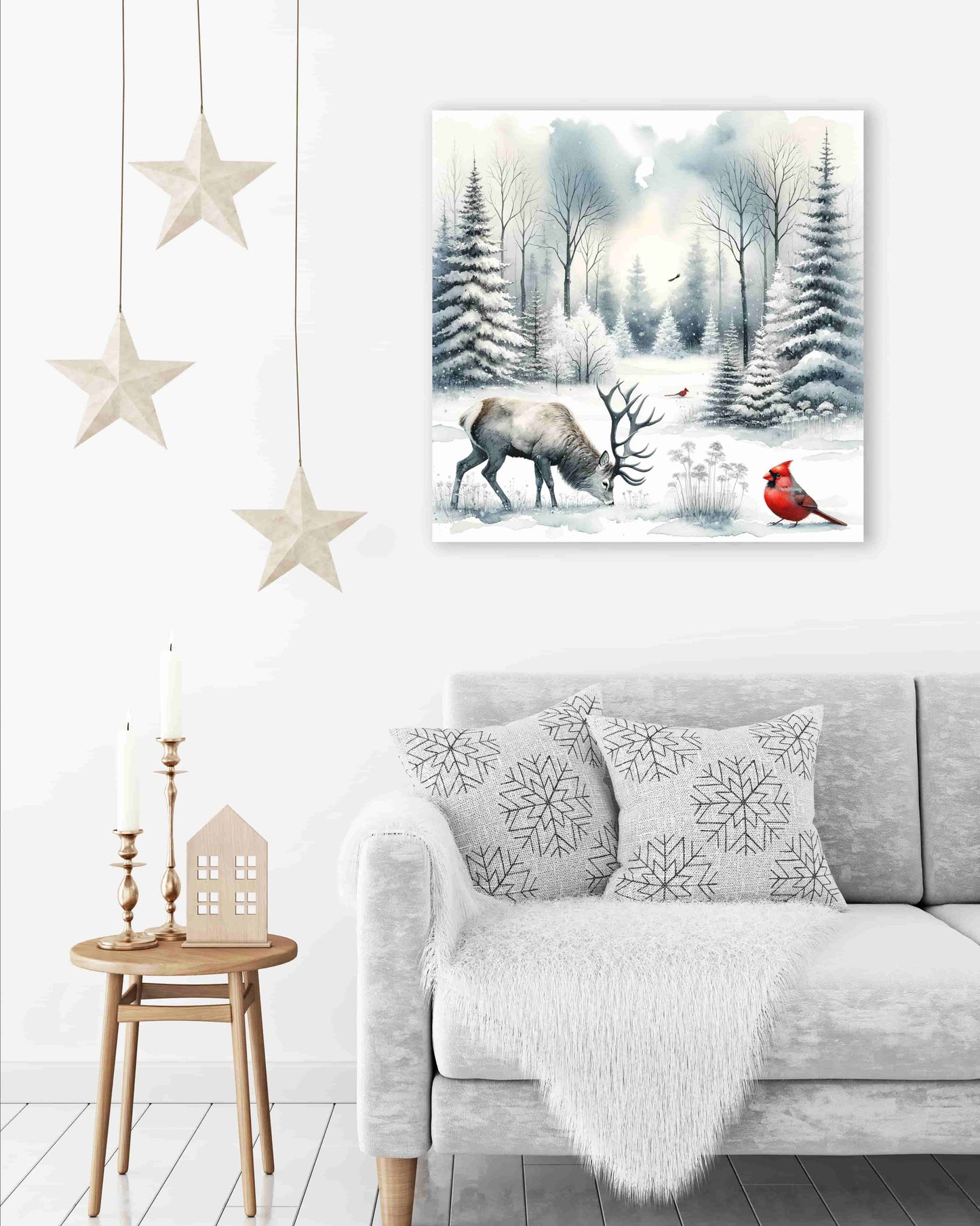 "Tranquil Winter's Grace - Stag and Cardinal in Snowy Solitude" Wrapped Canvas wall Art Prints