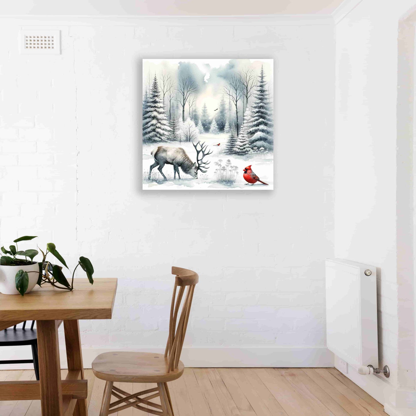 "Tranquil Winter's Grace - Stag and Cardinal in Snowy Solitude" Wrapped Canvas wall Art Prints