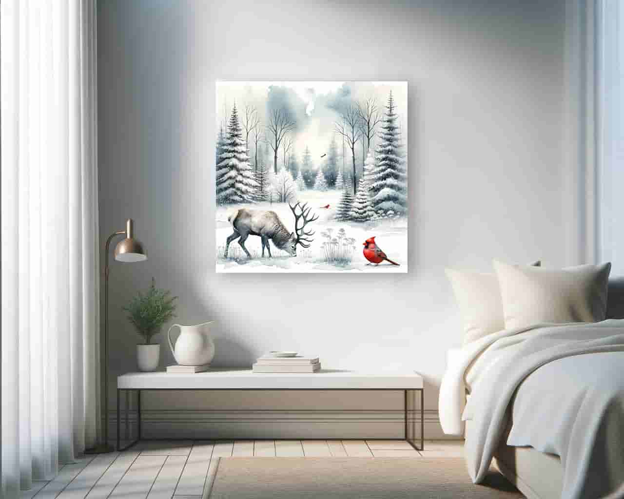 "Tranquil Winter's Grace - Stag and Cardinal in Snowy Solitude" Wrapped Canvas wall Art Prints