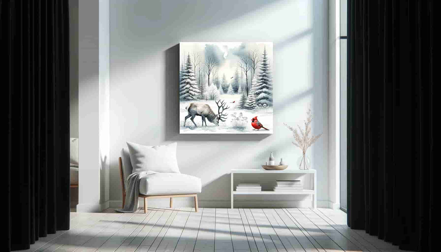"Tranquil Winter's Grace - Stag and Cardinal in Snowy Solitude" Wrapped Canvas wall Art Prints