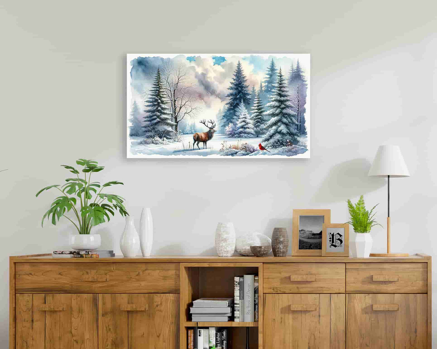 "Whispers of the Winter Wood - Stag and Cardinal in Snowy Serenity" Wrapped Canvas Wall Art Prints