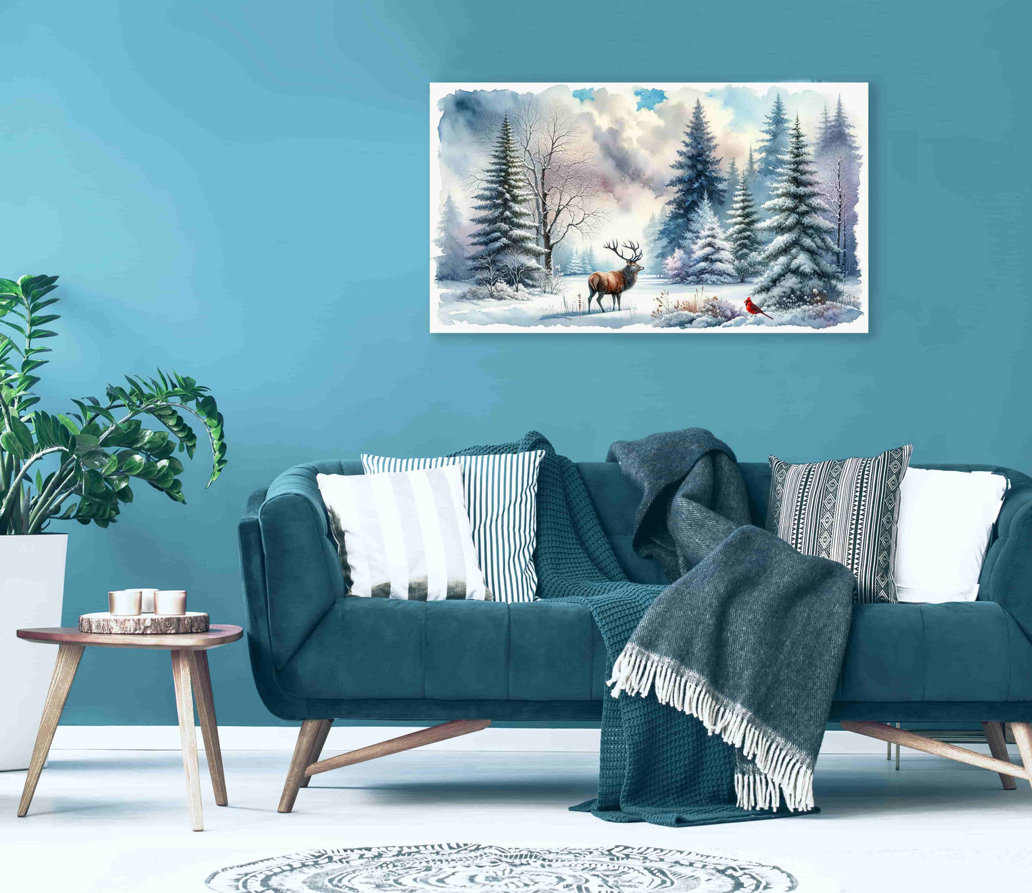"Whispers of the Winter Wood - Stag and Cardinal in Snowy Serenity" Wrapped Canvas Wall Art Prints