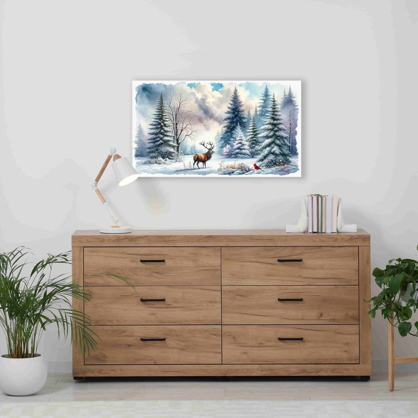 "Whispers of the Winter Wood - Stag and Cardinal in Snowy Serenity" Wrapped Canvas Wall Art Prints