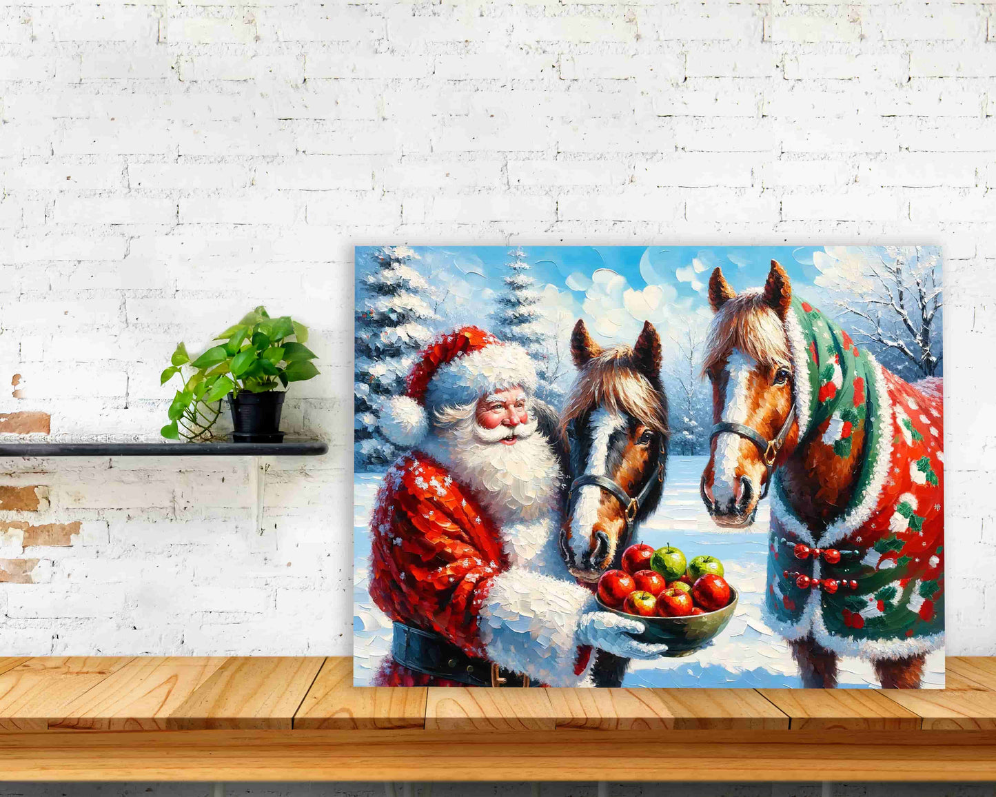 "Winter's Gentle Feast - Santa Claus with Festive Horses" Wrapped  Canvas wall Art Prints