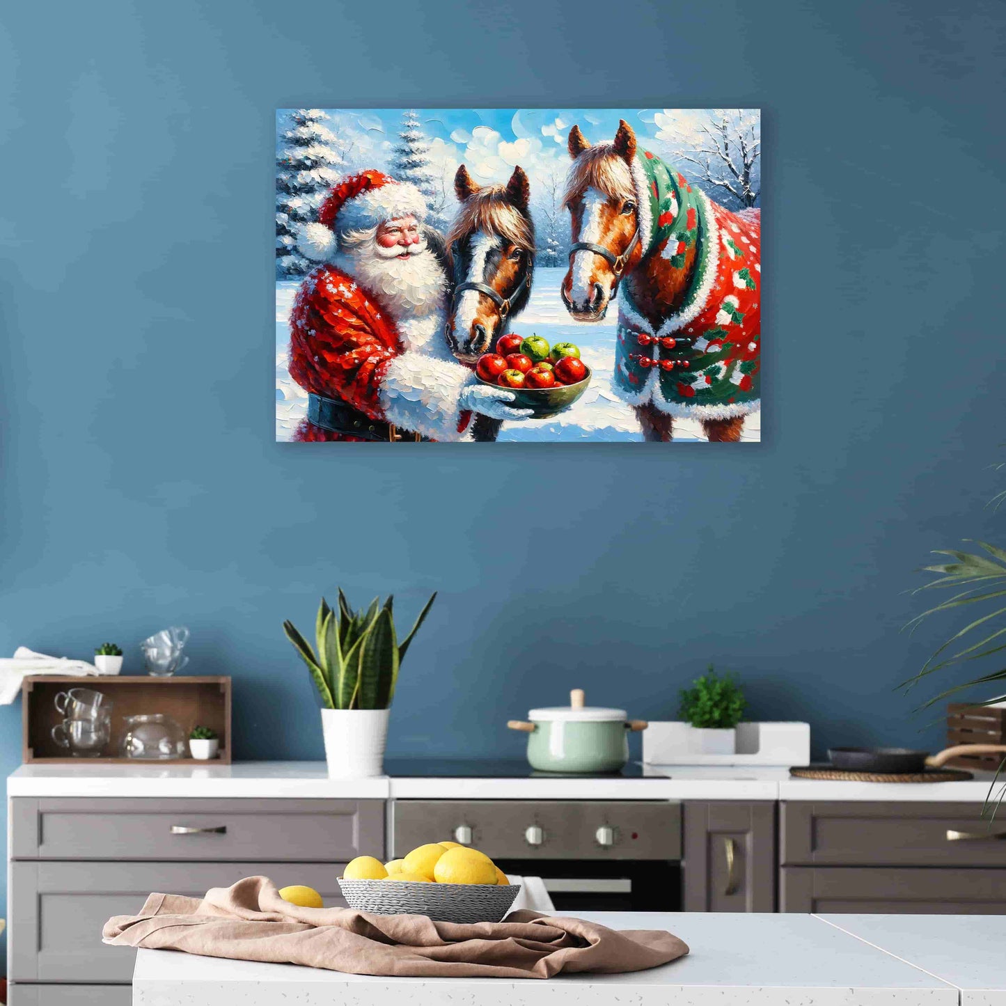 "Winter's Gentle Feast - Santa Claus with Festive Horses" Wrapped  Canvas wall Art Prints