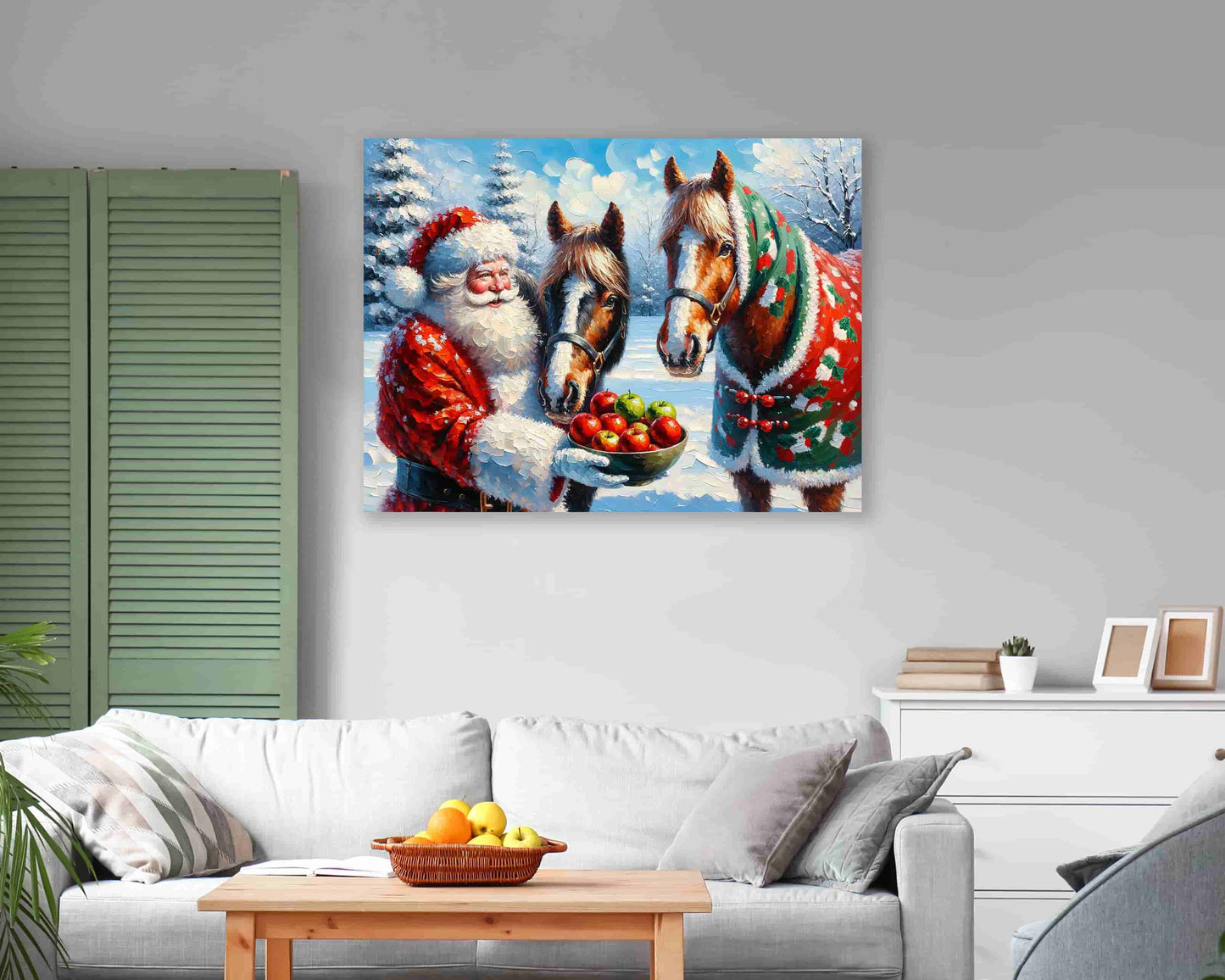 "Winter's Gentle Feast - Santa Claus with Festive Horses" Wrapped Canvas Wall Art Prints
