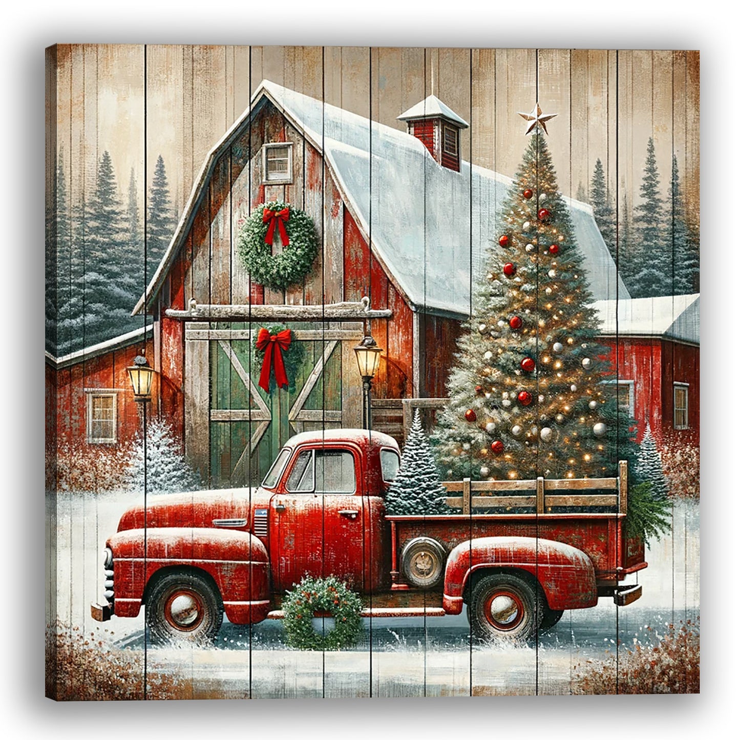 "Country Christmas Charm - Vintage Truck and Barn" Wrapped Canvas Art Prints