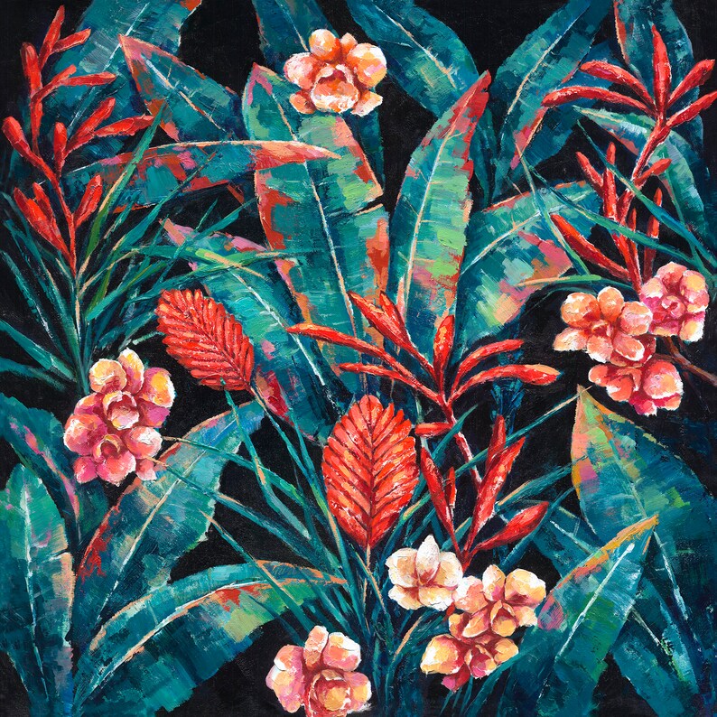 Hand-painted on canvas original, Wall art for living room, bedroom, office "Hawaiian flowers" - Wrapped Canvas Painting