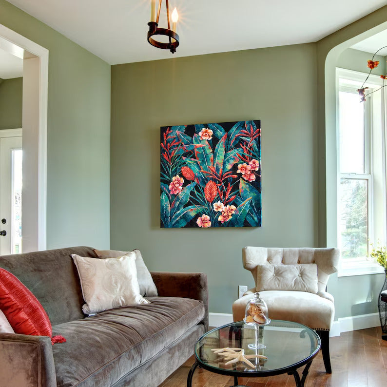 Hand-painted on canvas original, Wall art for living room, bedroom, office "Hawaiian flowers" - Wrapped Canvas Painting