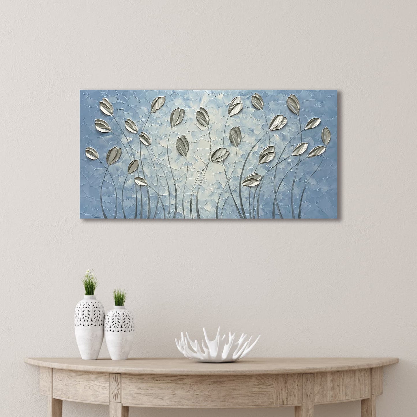 Hand-painted modern art "Silver Serenity" Wrapped Canvas Wall Art for Home Decor
