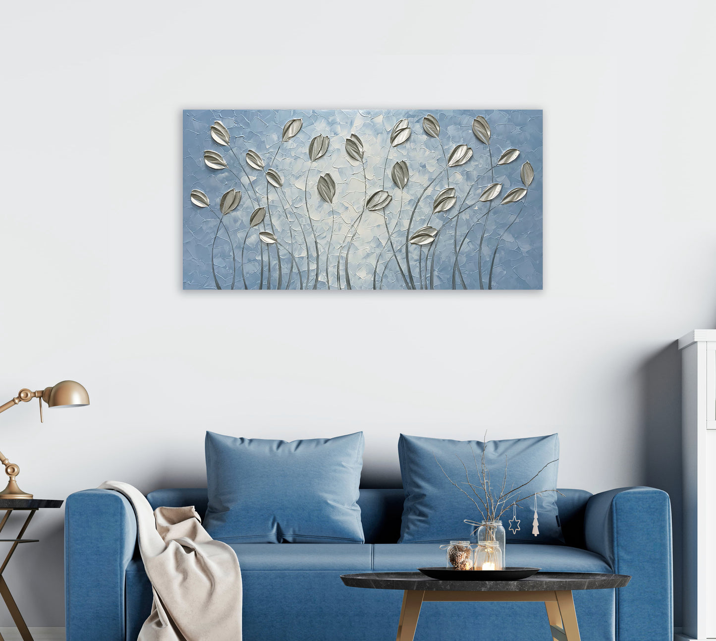 Hand-painted modern art "Silver Serenity" Wrapped Canvas Wall Art for Home Decor
