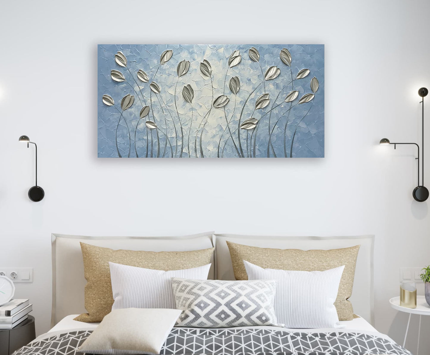 Hand-painted modern art "Silver Serenity" Wrapped Canvas Wall Art for Home Decor