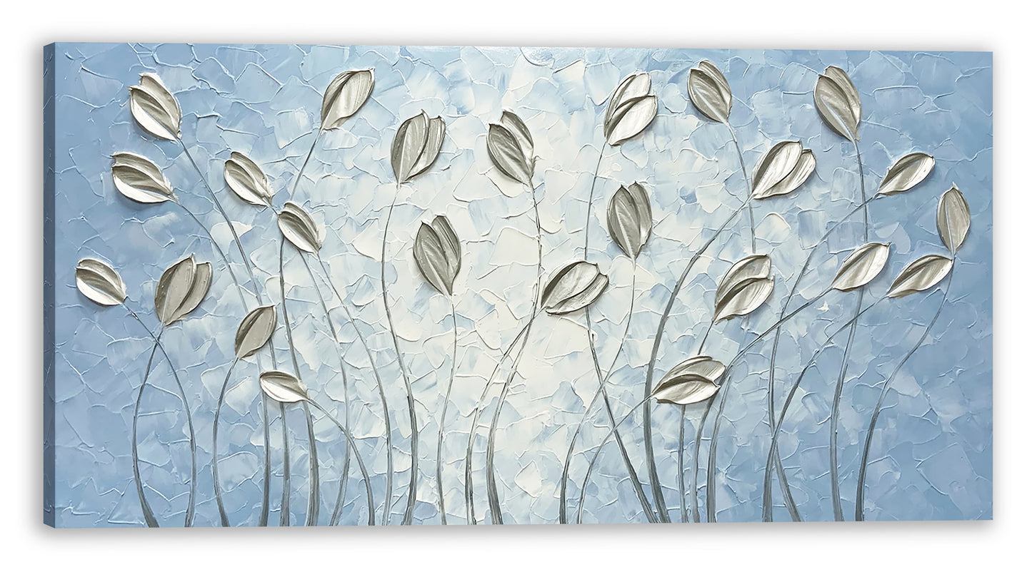 Hand-painted modern art "Silver Serenity" Wrapped Canvas Wall Art for Home Decor