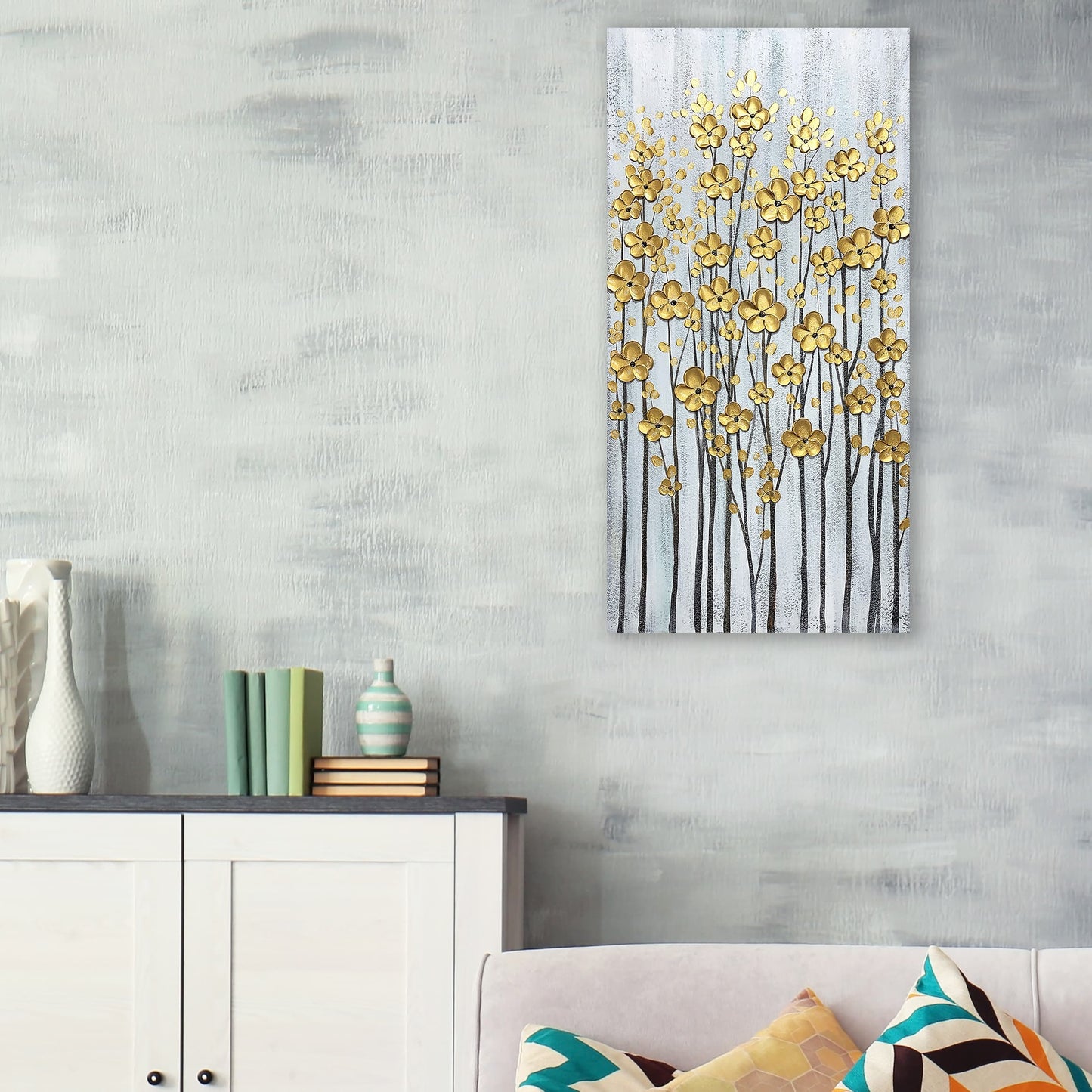 Abstract Art "Aureate Blooms" Hand-painted on Wrapped Canvas for Home Decor