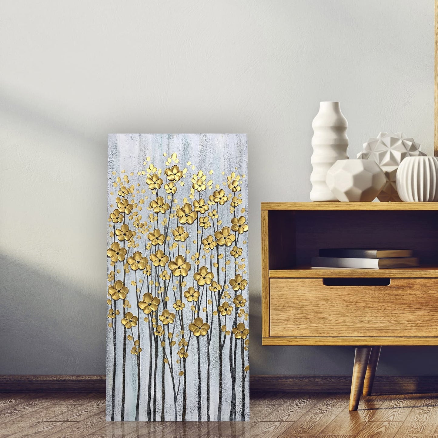 Abstract Art "Aureate Blooms" Hand-painted on Wrapped Canvas for Home Decor