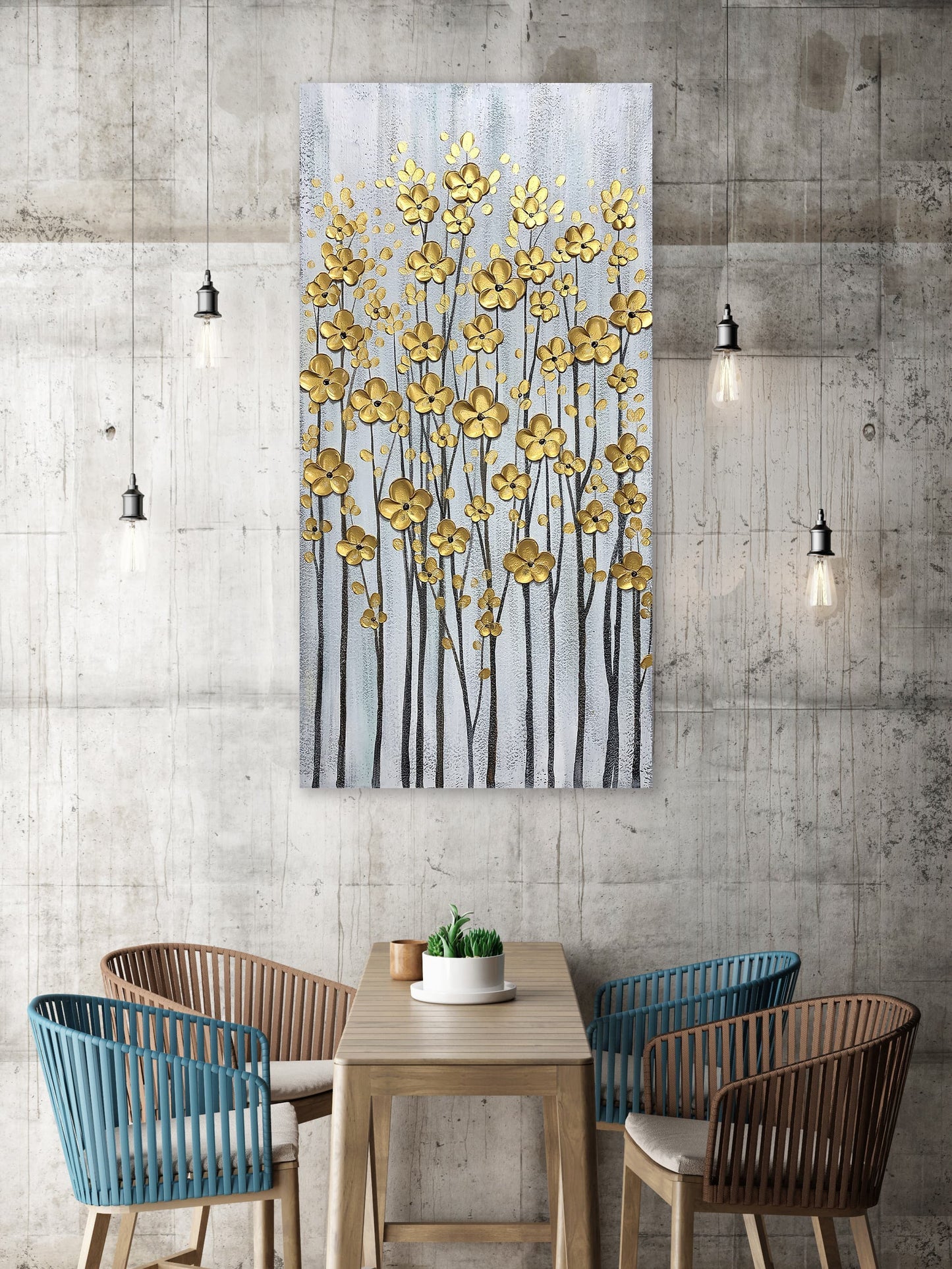 Abstract Art "Aureate Blooms" Hand-painted on Wrapped Canvas for Home Decor