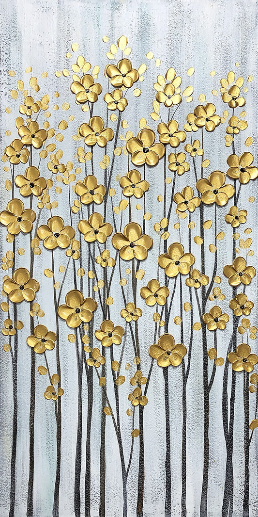 Abstract Art "Aureate Blooms" Hand-painted on Wrapped Canvas for Home Decor