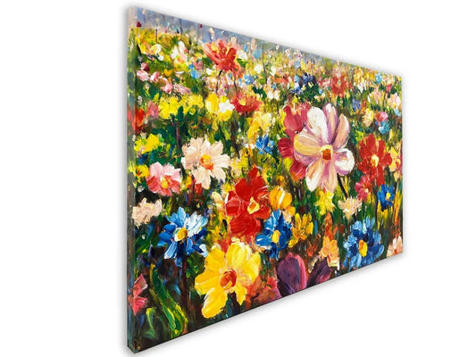 Hand Painted "Colorful blooming wildflowers" Oil painting, Spring Landscape modern art Canvas Wall Art - Wrapped Canvas Painting