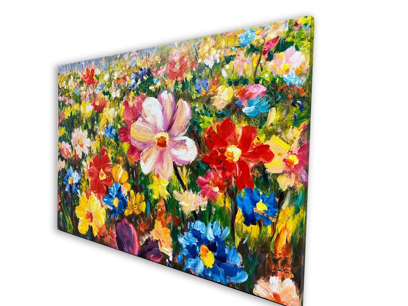 Hand Painted "Colorful blooming wildflowers" Oil painting, Spring Landscape modern art Canvas Wall Art - Wrapped Canvas Painting