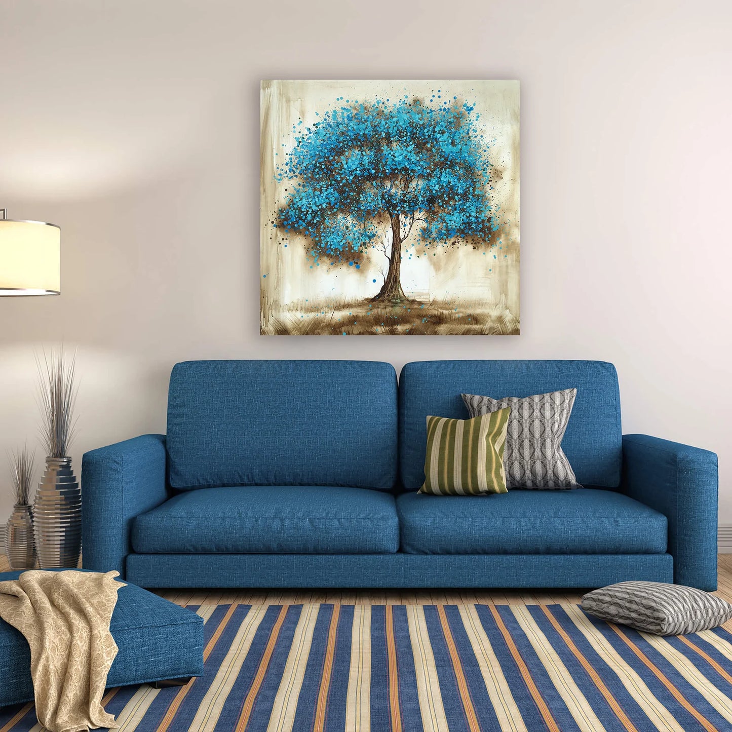 Hand-painted Art "Blue tree in Memory" Oil painting original, Wall art for living room, bedroom, Office, Bar - Wrapped Canvas Painting