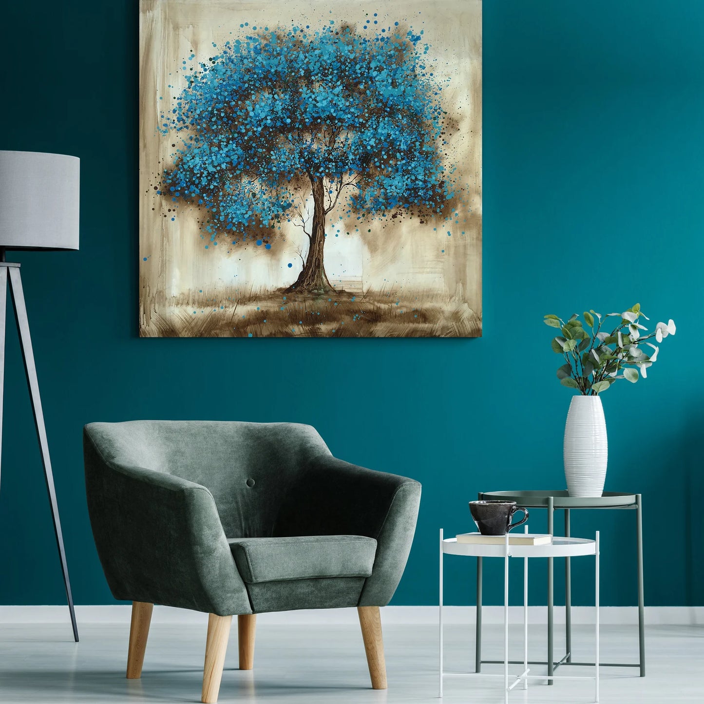 Hand-painted Art "Blue tree in Memory" Oil painting original, Wall art for living room, bedroom, Office, Bar - Wrapped Canvas Painting