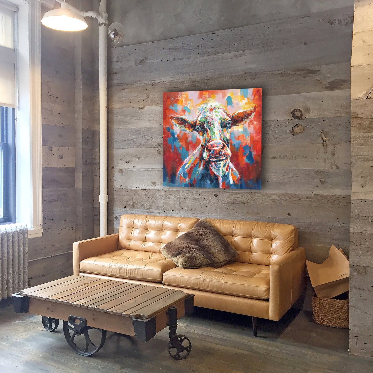 hand-painted "American Cow" painting on canvas original, Wall art for living room, bedroom, office - Wrapped Canvas Painting
