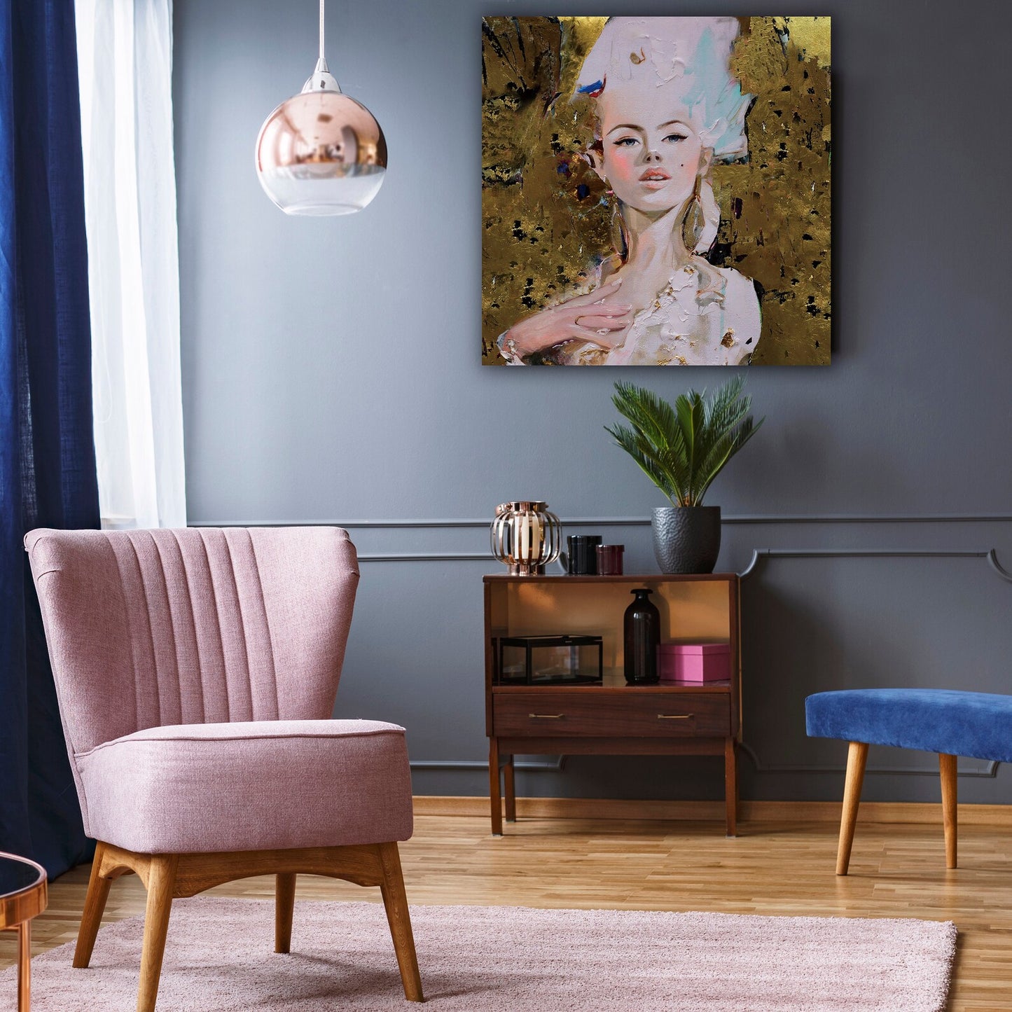 Hand-painted "Girl in golden background" custom painting on canvas Art, Canvas Wall art - Wrapped Canvas Painting