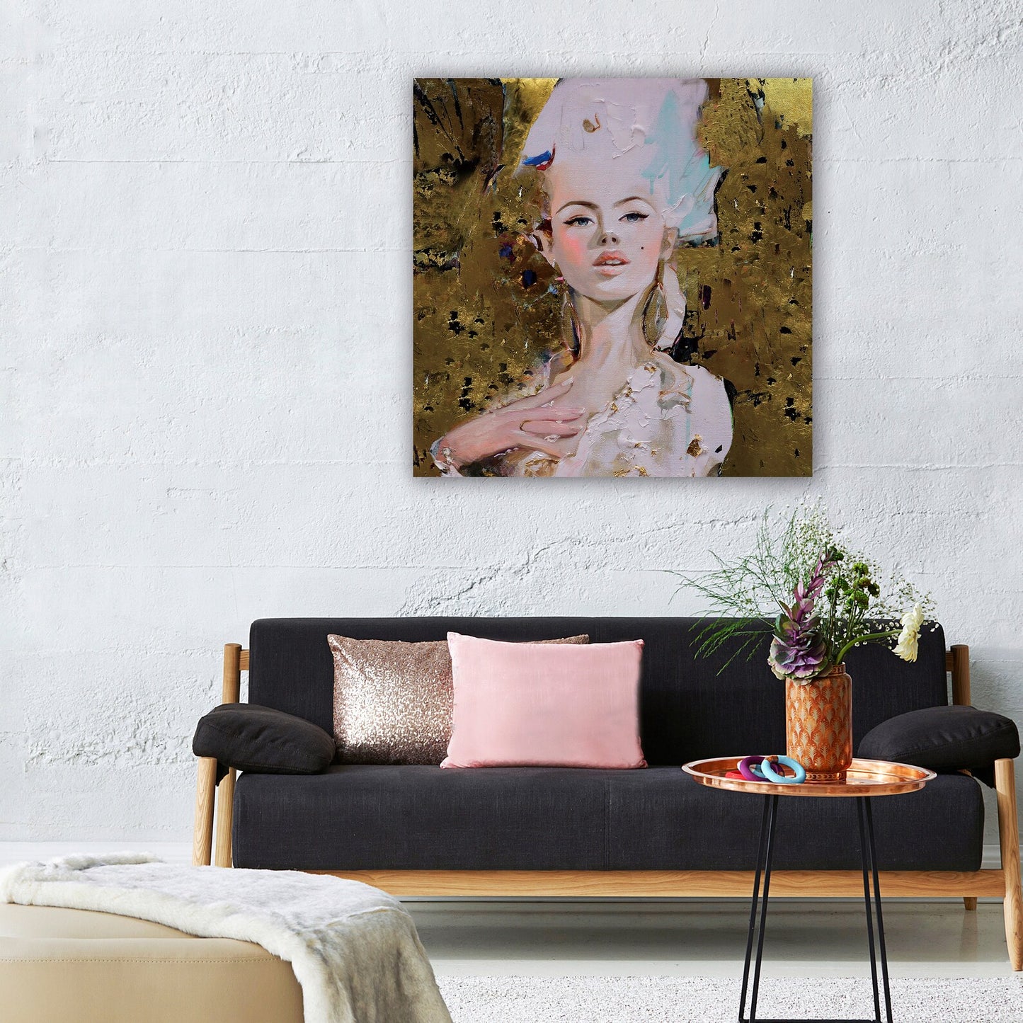 Hand-painted "Girl in golden background" custom painting on canvas Art, Canvas Wall art - Wrapped Canvas Painting
