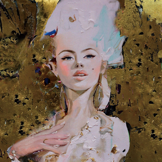 Hand-painted "Girl in golden background" custom painting on canvas Art, Canvas Wall art - Wrapped Canvas Painting