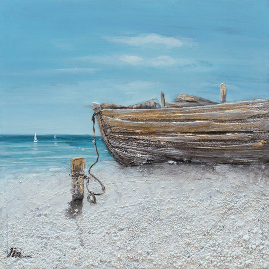 Hand Painted Art "Boat on the calm beach " oil painting on canvas original, Coastal ocean Canvas Art - Wrapped Canvas Painting