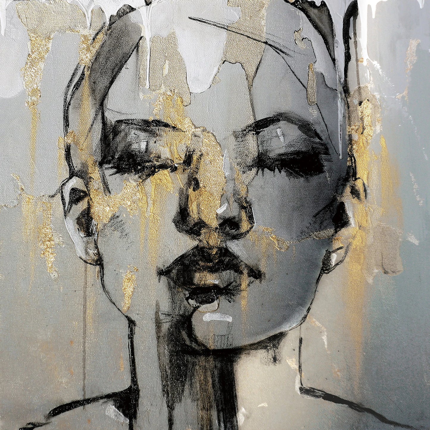 Hand-painted "Girl in the Rain" Modern Abstract artwork, Wall art for living room, bedroom, office - Wrapped Canvas Painting