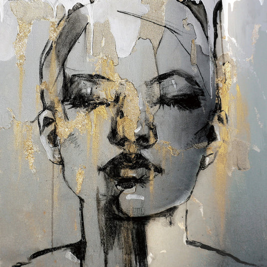 Hand-painted "Girl in the Rain" Modern Abstract artwork, Wall art for living room, bedroom, office - Wrapped Canvas Painting