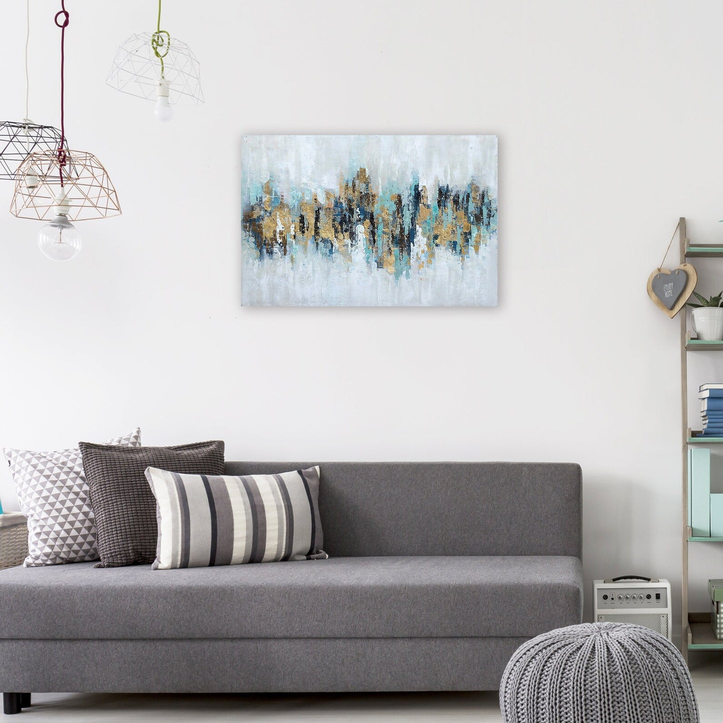 Hand-painted "Abstract Golden and Blue" Painting original art, Canvas Wall art for living room, bedroom, office - Wrapped Canvas Painting