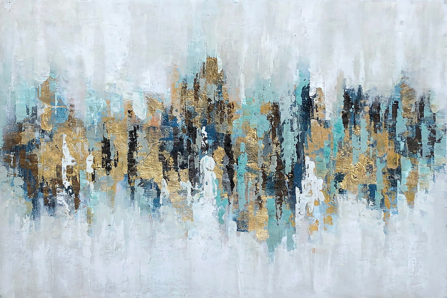 Hand-painted "Abstract Golden and Blue" Painting original art, Canvas Wall art for living room, bedroom, office - Wrapped Canvas Painting