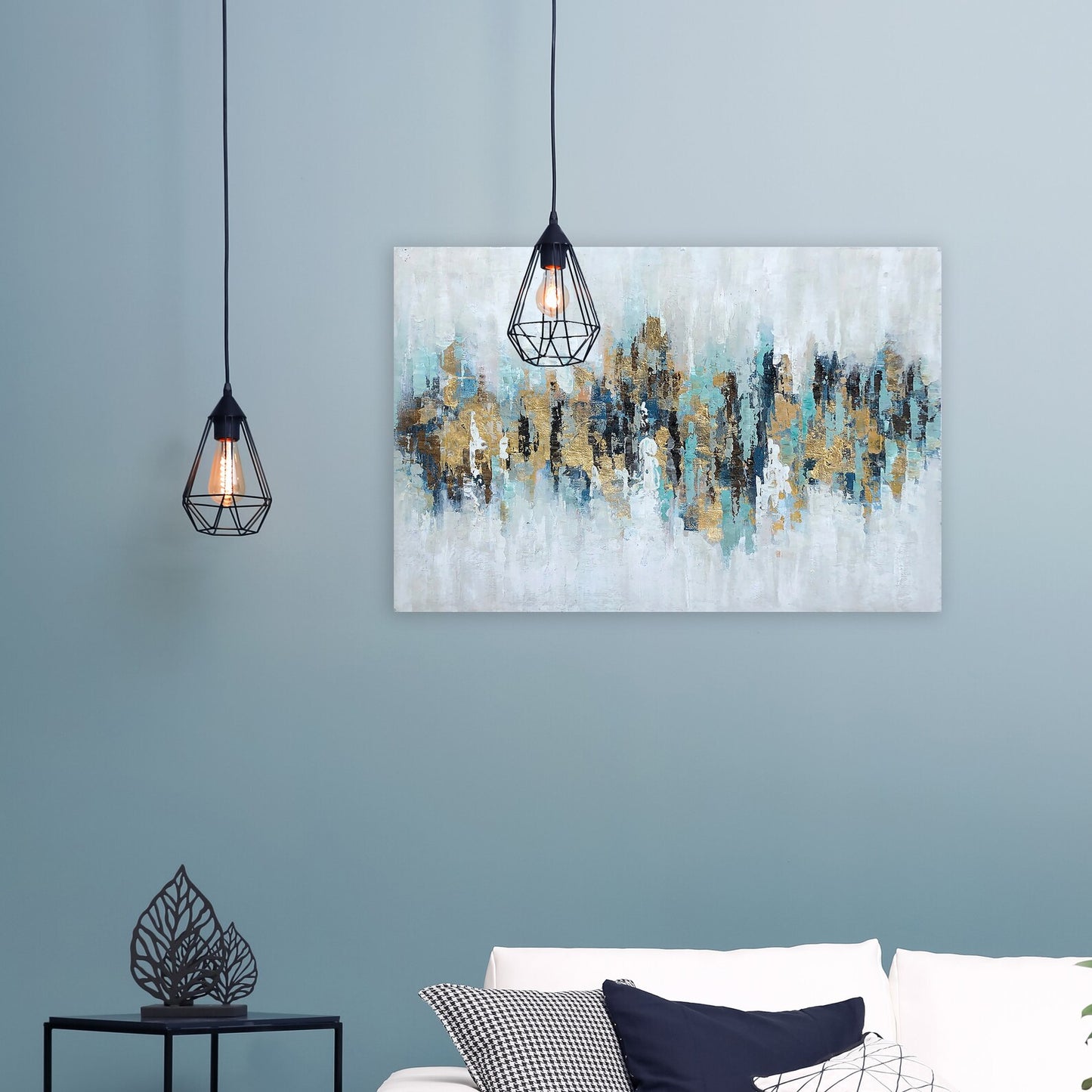 Hand-painted "Abstract Golden and Blue" Painting original art, Canvas Wall art for living room, bedroom, office - Wrapped Canvas Painting