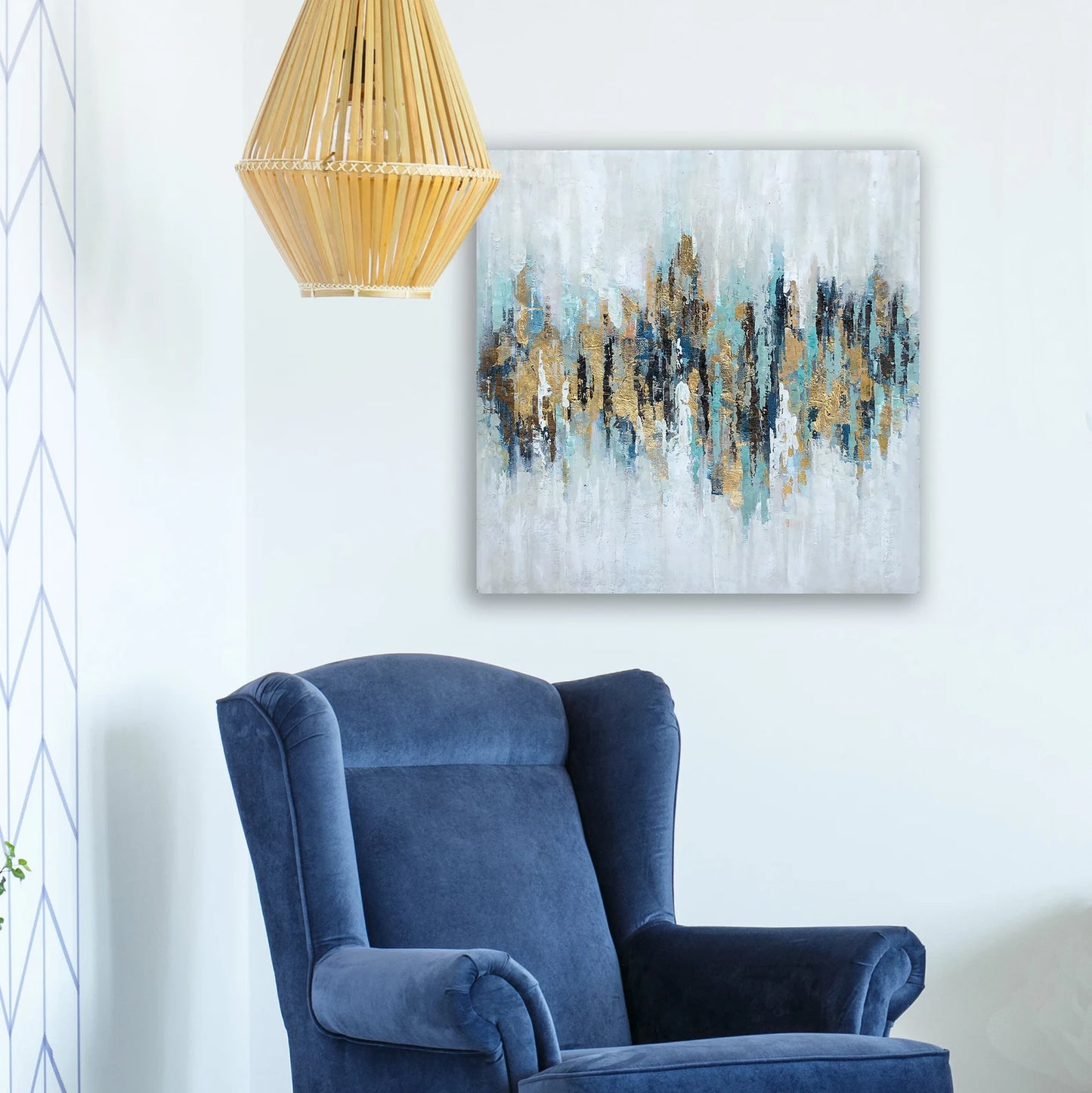 Hand-painted "Abstract Golden and Blue" painting on canvas original Art, Wall art for living room, bedroom, office - Wrapped Canvas Painting