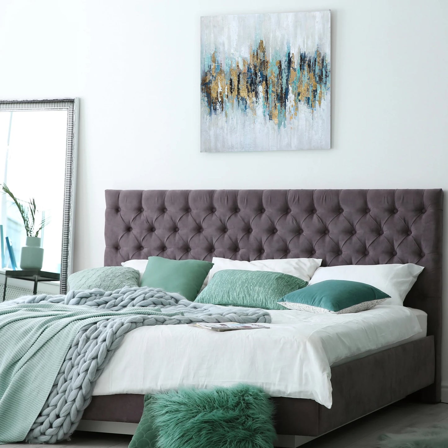 Hand-painted "Abstract Golden and Blue" painting on canvas original Art, Wall art for living room, bedroom, office - Wrapped Canvas Painting