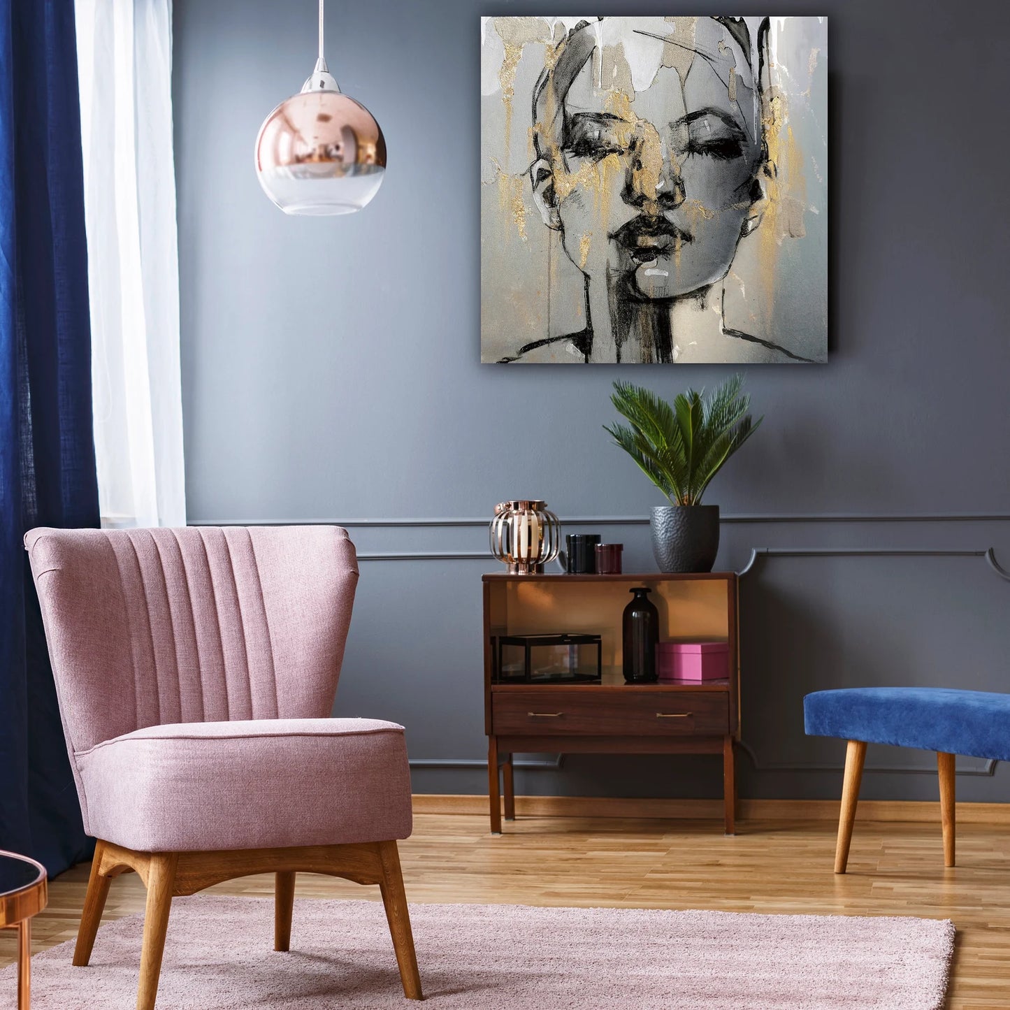 Hand-painted "Girl in the Rain" Modern Abstract artwork, Wall art for living room, bedroom, office - Wrapped Canvas Painting