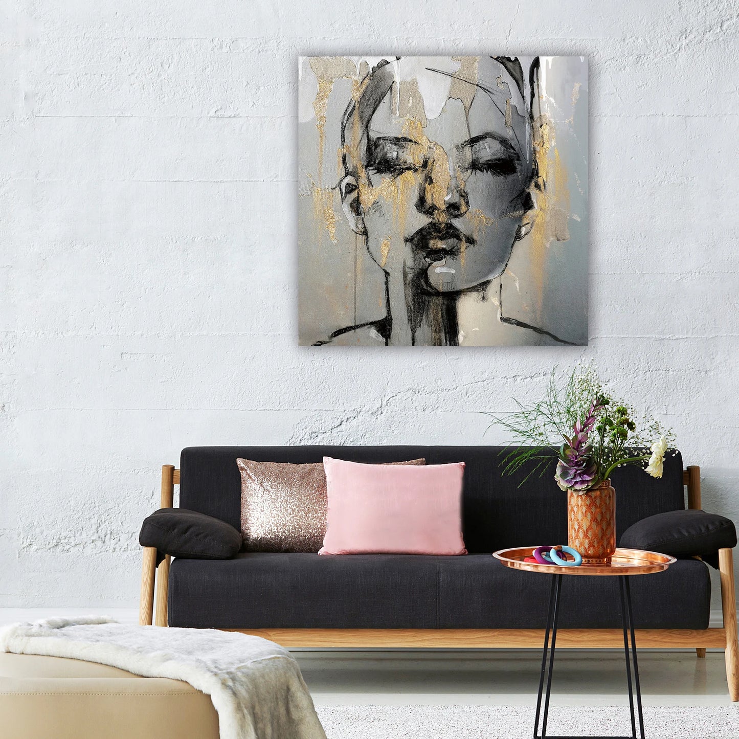 Hand-painted "Girl in the Rain" Modern Abstract artwork, Wall art for living room, bedroom, office - Wrapped Canvas Painting