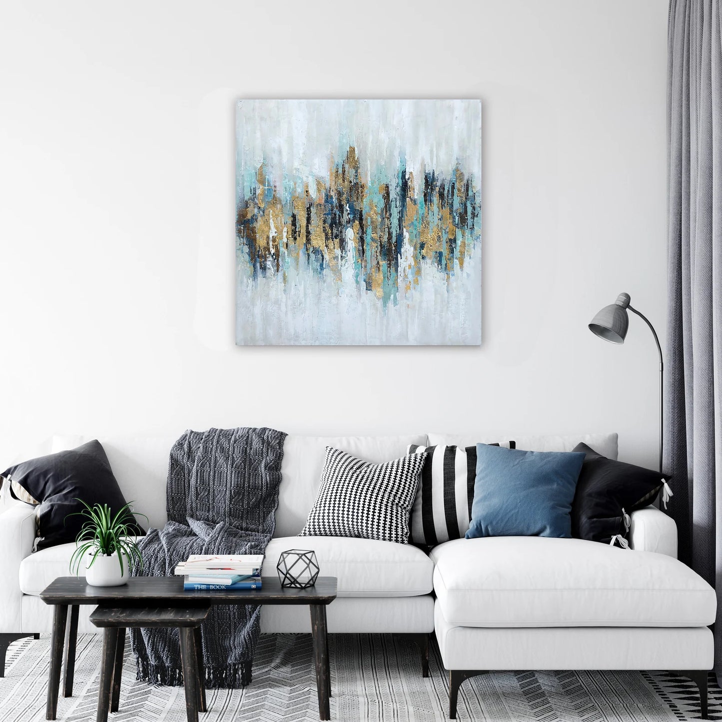 Hand-painted "Abstract Golden and Blue" painting on canvas original Art, Wall art for living room, bedroom, office - Wrapped Canvas Painting